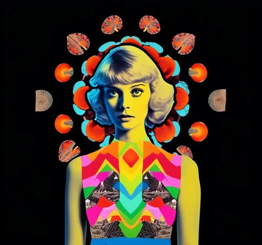 Prompt: a psychedelic collage reminiscent of 70s psychedelic sci fi collage artwork celebrating a girl on mushrooms. It is to feature a photograph of a woman with blond curly hair that is edited by splicing it with other images from photographs, magazines, newspapers, illustrations/paintings to create the impression she is high on magic mushrooms. The work will include such elements as a psychedelic 3rd eye open, stars and planets, trippy optical illusions and patterns, psilocybin cubensis mushrooms, fractals, UFOs, aliens, geometric shapes, auras, rainbow spectrums, sacred geometry, trippy drippy stuff, psychedelic hallucinations, open eyes, landscapes of astral worlds<mymodel>