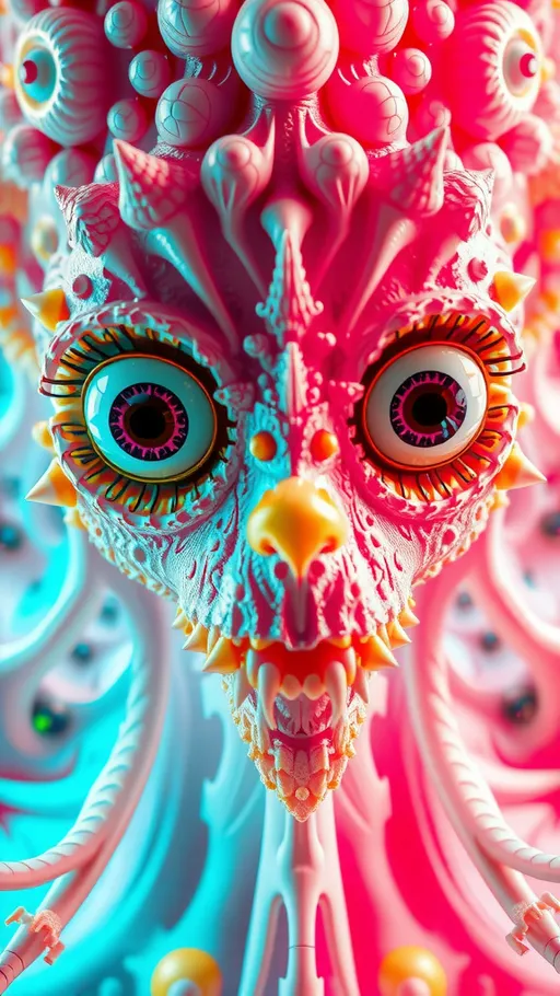 Prompt: an extremely hyper realistic ultra super textural weird trippy surreal psychedelic entity, vicsek fractals, white, translucent, clear, bright bright pastel colors, oil slick rainbow sheen effect, lots and lots of light, lots of crazy colorful compound psychedelic human eyes, rows of human teeth, fungus, atoms, diatoms, vicsek fractal