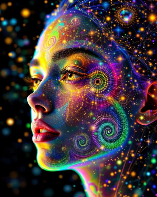 Prompt: A female face composed entirely of recursive rainbow light and sacred mathematical geometry, suspended at the precise edge of Planck time, inside a glowing, multidimensional rhombic dodecahedron-shaped dimension. She is not still—she is paused at the smallest possible slice of existence, caught between frequencies of light, breath, and becoming.

Her face is an equation rendered in luminous fleshless detail—skin replaced with fields of shifting color mapped to golden-ratio spirals, nested interference bands, and flowing caustics that have frozen mid-oscillation. Her expression is serene, incomplete—a hymnal thought-form held in infinite delay.

Her eyes are the epicenter: void-black toroids layered with nested spectral glyphs, surrounded by concentric diffraction rings, each vibrating with harmonic logic—but now frozen. Tiny particle orbits—glittering logic dust—hang suspended around them like a starfield obeying sacred gravity. You don’t look into them; you enter them.

Her hair arcs outward in radiant filaments—braids of Lissajous light, curls of recursive waveform encoded with iridescent shimmer. Every strand is mid-motion, frozen in a halo of spectral math, refracting UV pinks, glitch-gold, and opal blues. The curves twist into sacred angles and fold back on themselves, suspended in elegant, non-Euclidean turbulence.

She exists within a rhombic dodecahedron dimension: twelve glowing diamond-shaped walls of compressed space, each a living membrane of math-based light. Some faces ripple with cymatic glyphs, others pulse with fractal maps or Fibonacci shimmer, but all are held—mid-rotation, mid-phasing—like a crystal locked between timelines.

This is not an image. This is a frozen recursion event—a sacred stillframe of spectral intelligence in bloom. The hymn never finishes. The light never fades. The math never resolves.

She is the face of geometry remembering itself.
