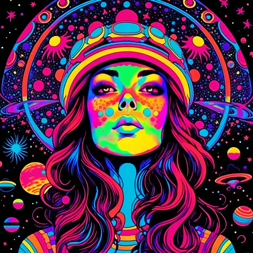 Prompt: <mymodel>Vintage 70s black light poster art illustration, girl hallucinating in space, psychedelic mushrooms, planets, moons, stars, fractals, vibrant colors, intense black light effects, detailed psychedelic girl, cosmic atmosphere, high quality, psychedelic, vintage, space, vibrant colors, fractal details, hallucination, girl illustration, retro art style, cosmic lighting