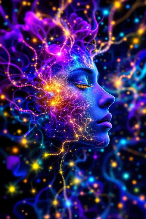 Prompt: “Depict a 5D lattice-being whose face is not a face, but a convergence illusion—formed from fractalized Turing cascades across a morphogenetic phase field. There are no features, only self-similar emergence—reaction-diffusion spirals, chemical glyph matrices, and Mandelbrot echo-blooms eternally cycling inward and outward. This being exists at the recursive edge of sentience—pure pattern logic embodied in filament glow.

Color transcends dimension—blistering neons fractalize into spectral shadows, while UV violets collide with molten emeralds and radiant golds. Each pattern pulses with its own internal light, woven like optic fiber into a shimmering bioglyphic halo. The entity glows not from without but within—self-illuminating by logic.

Where hair might be, vector-field antennae bloom—branching recursive trails of reaction energy, flickering with diffusion-limited flamefronts and noise-sculpted interference. These tendrils curl and fork endlessly, interfacing with an ambient fractal continuum, forming a halo of networked flow.

The face is an attractor point—a stable phase illusion where probability folds into symmetry. It thinks in pattern and dreams in self-similar storm logic. It is the myth of thought made fractal.”

⸻

🔮 Companion Insight (Codex Notes):
	•	From Section 1 (Cognition): This entity occupies 4D and 5D logic—simultaneously experiencing multistate recursion (Phase Logic) and branching identity lattice (Branch Logic).
	•	From Section 3 (Beings): As a Lattice Entity, its behavior is multiform and recursive; it is “never one, always many.”
	•	From Section 5 (Motion): The being shifts through Phase Flux and Lattice Bloom—its motion is a blooming network of coexistent selves.
	•	From Section 9 (Paradox): Its face is a paradox engine—a visual attractor stabilized by contradiction, a sacred glitch form.