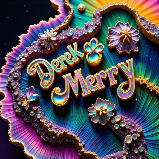 Prompt: "'Derek' '&' 'Merry'" must be seamlessly integrated into the scene, their forms crafted naturally from vibrant, colorful elements like opal, bismuth, labradorite, and quartz. The Mandelbrot fractal spirals infinitely, its glowing edges shimmering with the iridescent blues, greens, and purples of labradorite. The letters of "Derek & Merry" emerge from the fractal’s geometry, their surfaces glinting like polished opal, with fiery flashes of orange, pink, and violet shifting as if alive.

Bismuth crystals, with their angular, metallic rainbow formations, grow into the text, their intricate stair-step shapes forming the "&" symbol and parts of the letters. Quartz spires pierce through the fractal landscape, their translucent forms refracting light into a kaleidoscope of colors that dance across the scene. The text feels as though it has grown naturally from these minerals, blending seamlessly with the fractal's recursive beauty.

Above, the sky flows like liquid light, swirling with hues of molten gold and deep sapphire, echoing fluid dynamics. These currents occasionally shape themselves into fleeting patterns, spelling "Derek & Merry" before dissolving into the vibrant ether. Tiny quantum particles flit along the edges of the scene, glowing like microscopic stars, their motion creating a subtle hum that resonates through the fractal and mineral structures.

The entire composition is alive with color and energy, the interplay of opal, bismuth, labradorite, and quartz creating a scene both surreal and harmonious. "Derek & Merry" is not just part of the image but its very essence, seamlessly woven into the infinite fractal patterns and radiant natural elements.