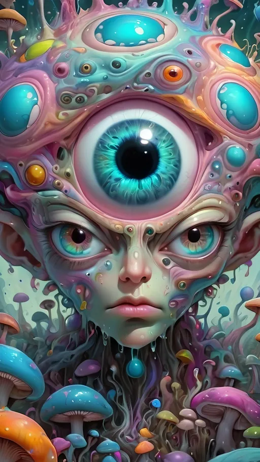 Prompt: Psychedelic, alien psychedelic eyes, weird, surreal, bizarre, ineffable, entity, numinous, lots of crazy weird inhuman psychedelic trippy eyes, melting, trippy, reality breaking down, hallucinations, drippy, dissolutionment, blobs,atoms, electrons, mushrooms, fractals, multidimensional, oozing, hyper cubes, geometry, fractals, third eye, big eyes, small eyes, crazy pupils, pastel colors,psychedelic hyper realism, ultra high resolution, surreal, digital art, intense lighting, bright pastel hues, abstract, confusing, looking at you, ultra detailed textures