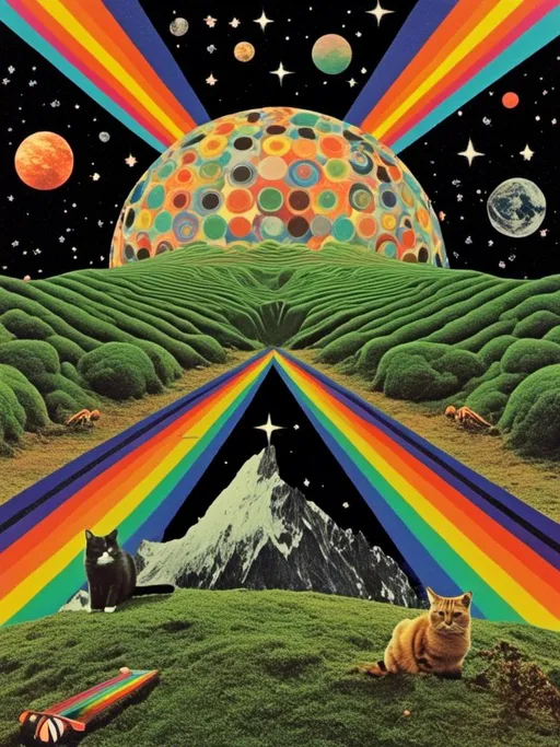 Prompt: <mymodel> Vintage 70s psychedelic surreal sci-fi Collage, analog, cut & paste, outer space, rainbows, spectrum, optical illusions/trippy patterns, surreal alien landscapes, UFOs, « little green men », psilocybin mushrooms, geometric shapes , planets, orbs, black night sky with stars, in the center, cats, 