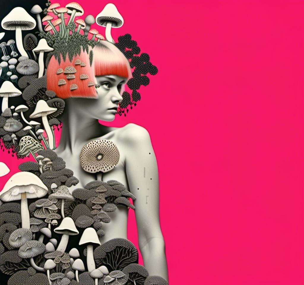 Prompt: a mixed media collage of a girl wearing or growing mushrooms/fungus as clothing body parts and accessories. She is a black and white or halftone photograph, the mushrooms and fungal growths are to be mixed media, including but not limited to paint, enamel, foils, glitter, sparkle, sequins, found objects, natural items, rhinestones etc <mymodel>