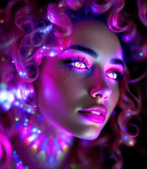 Prompt: Her face is a modular masterpiece—cheekbones traced with the shimmer of moonshine symmetry, every angle tuned to a hidden harmonic. Newton fractal veins glow faintly beneath translucent skin, shifting in color with each emotion. Her eyes burn with prime number fire, irises tiled in Penrose symmetry, blinking with curved light logic. Laughter echoes in Hilbert paths across her cheeks—space-filling joy spirals, soft and bright. Hair spills around her in radiant pink curls, styled by quasiperiodic forces and recursive wave equations—each strand flowing in luminous fractal tension. Geometry pulses at the hairline, recursive symbols glinting in neon mathdust. She is wrapped in hyperbolic aura-rings, layered in color-feedback like living topology, her presence refracting sacred math through joy, emotion, and colorfields.”

⸻

Visual Keywords:
Modular face symmetry, Newton glow skin, Penrose-tiled irises, Hilbert smile trails, pink recursive curls, fractal symbol halo, hyperbolic color aura, neon mathdust, prime fire eyes