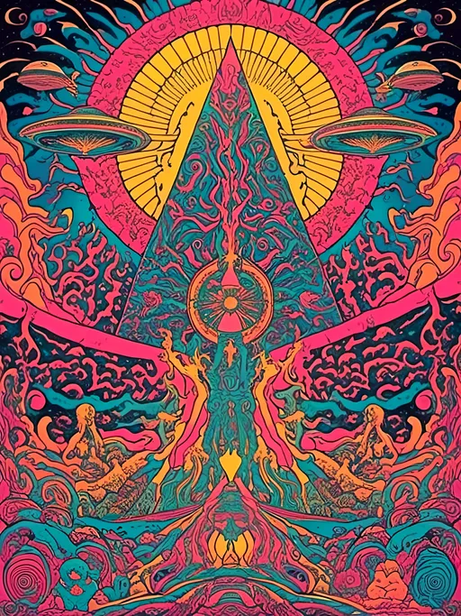 Prompt: <mymodel>Psychedelic poster art illustration of Sumerian creation story, Annunaki, Enki, Enlil, Nibiru, vibrant colors, intricate details, high quality, trippy, psychedelic, ancient aliens, cosmic theme, vibrant colors, mythological beings, intricate patterns, surreal, professional, otherworldly lighting