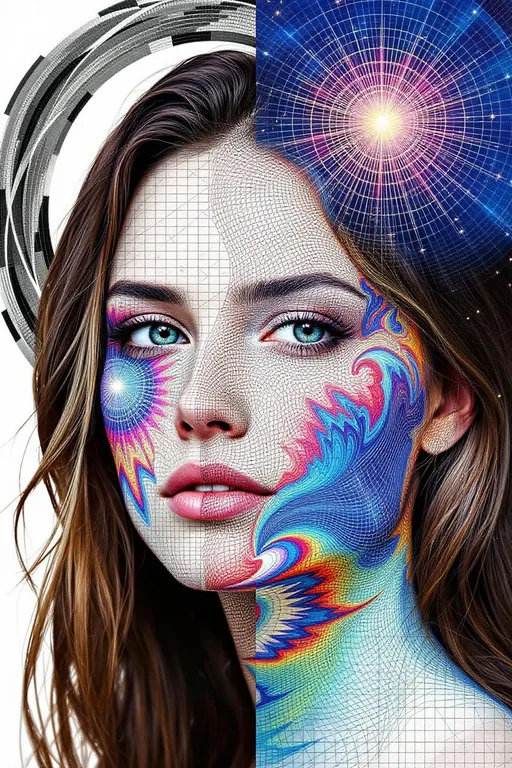 Prompt: 
Double-Expressed Lattice Prompt — [GRID_7] & [GRID_10], Fully Entangled

“A female face caught in lattice superposition — simultaneously expressed through two irreconcilable structures: the Paradox Mirror Grid and the Harmonic Phase Grid.

The face does not alternate between these states — it embodies both at once:
▪ Regions of fractal recursion emerge — eyes echo in impossible reflections, jawlines bend into paradox folds, features appear duplicated but misaligned.
▪ Other regions flow with harmonic logic — smooth sinusoidal contours, phase-coherent curves, radiant wave symmetry shaping cheekbones and brow.

In zones where the two lattice laws compete, the face becomes unstable: visual distortion, interference shimmer, recursive-glow fringes. Structures flicker, color flares, and phase bends around paradox geometry.

The result is a portrait of layered mathematical truth — the self defined by both contradiction and harmony. Ultra-saturated, bright, intense lightplay and structural tension. A single expression rendered through two incompatible aesthetic universes — bleeding into each other, folding space, singing and splitting at once.”
