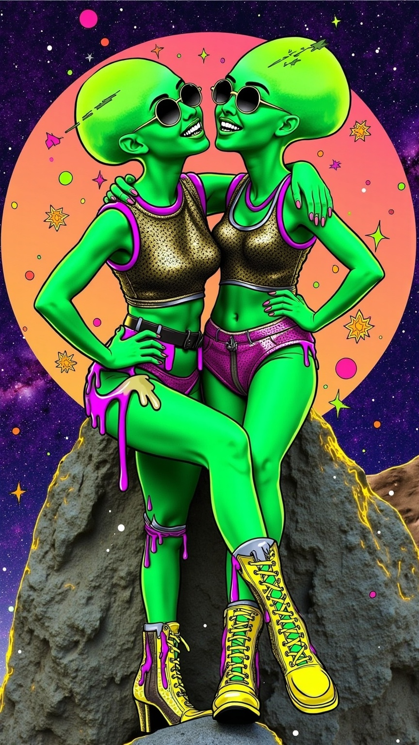 Prompt: Create an image of two female aliens, each with green skin, conical shaped bald heads, and large solid black almond shaped eyes, playfully side hugging on a rugged asteroid in space. Both are dressed in tight, shimmering crop tops with fishnet sleeves and short shorts, exuding a fun and carefree vibe. One alien is wearing knee-high boots with metallic accents, while the other sports ankle boots with bright neon laces. Their arms are wrapped around each other, and they are laughing, showcasing their playful friendship. The cosmic background is filled with stars and distant galaxies, but the entire scene is infused with digital chaos. Glitches ripple across the image, with pixelated distortions and colorful digital noise creating a dynamic, otherworldly atmosphere. The asteroid and their forms seem to flicker and shift, as if caught in a digital transmission error.