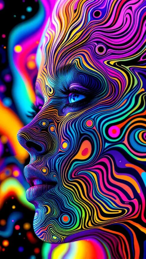 Prompt: Create an intensely surreal portrait of a woman’s face where the primary structure and expression are composed from bold, oversized Turing patterns—psychedelic stripes, spots, and swirling reaction-diffusion motifs that stretch dramatically across her skin like cosmic tattoos of nature’s algorithm. The Turing patterns should be unusually large, with high-contrast forms resembling exaggerated zebra stripes, tiger masks, and cellular mosaics, warped and woven fluidly around the topography of her facial features. Let these morphogenic textures distort across the bridge of her nose, spiral around her eyes, and ripple out from her cheeks like chemical shockwaves frozen in time.

Color is central: flood her face with richly saturated gradients of UV purples, electric indigo, acid green, and solar amber, shifting in frequency like oil slicks under alien sunlight. Her skin should glow with spectral light as if lit from beneath, illuminating the bold pattern geometry and pushing visual boundaries with chromatic aberration and moiré interference.

Her hair becomes a radiant crown of filamentous reaction-diffusion trails—fluid wavefronts spiraling like BZ reaction rings or branching like electrochemical dendrites. Each strand carries dynamic iridescence, shifting through prismatic neon colors with a magnetic, kinetic sheen, echoing both organic life and synthetic dream logic.

The entire portrait radiates a feeling of intelligent emergence—half-human, half-algorithm, suspended in a glowing biosynthetic ether where chemical physics meets visionary psychedelia.

