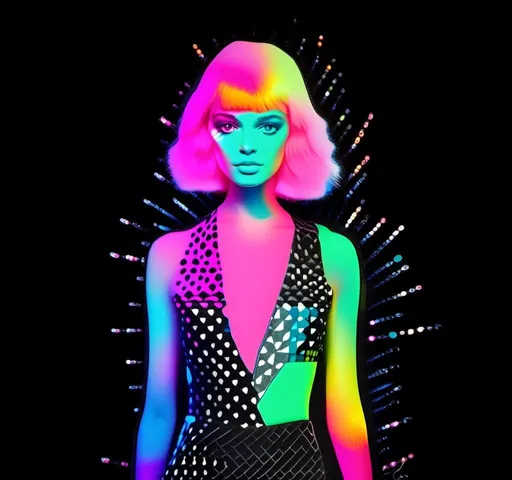 Prompt: A mixed media collage featuring a black and white photograph of a girl that is cut and spliced with mixed media stuff to create a disco inferno vibe. Neon retro disco colors, disco balls, colored lights, disco style and aesthetic utilizing but not limited to paints, enamels, glitters, metallic foils, rhinestones, marker, paintbdrips and spatter, torn or cut paper, folded paper, sequins, shiny holographic finishes explode from the photo of the girl and radiate out into the background <mymodel>