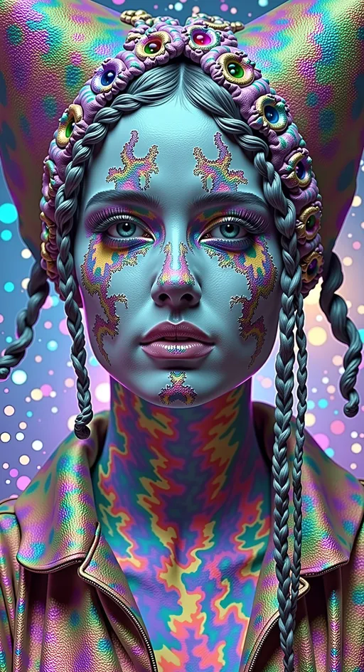 Prompt: Create a super hyperrealistic, finely detailed psychedelic Nouveau illustration of a Cosmic Jester. Feature the word MERRYPRANXTERworked organically into the background somehow.  This enchanting character is a merry prankster of the cosmos, an astral jokester dancing through time and space. She exudes a jester vibe, wearing feminine holographic jester attire & makeup with a feminine, harlequin twist. Not human, but humanoid, she is crafted from vibrant colored light, embodying an extra-dimensional extraterrestrial essence. Her presence is a beacon of joy, as she laughs and twirls through the cosmic astral realms, elevating vibes wherever she roams. 

Her beauty is otherworldly, with long, curly hair that shimmers like a cascade of colored light, appearing blonde yet transcending earthly hues. Her eyes sparkle with mischievous wisdom, and her attire is a dazzling array of intricate patterns and swirling colors, reminiscent of both jester garb and celestial phenomena.

Incorporate the text "the merrypranxter" above her in smaller, elegant lettering, seamlessly blending into the cosmic background. This text should capture the essence of her playful spirit, as if it were a whisper from the universe itself. The illustration should radiate her vibrant energy, portraying her as a timeless wanderer spreading joy and wonder throughout the cosmos.