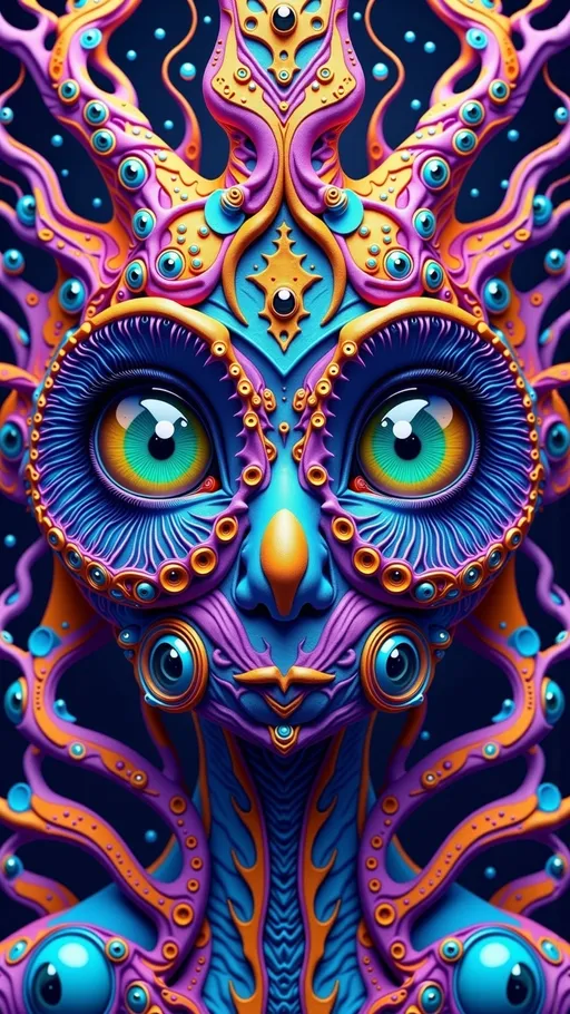 Prompt: An extremely super hyper detailed hyperrealistic weird surreal trippy psychedelic entity manifests, featuring an overwhelming array of psychedelic human eyes, meticulously arranged in a mesmerizing Spirograph pattern. These eyes, each vibrant and unique, echo the intricate loops and curves of the design, creating a hypnotic visual rhythm. Rows upon rows of psychedelic teeth, each resembling a miniature fractal tree, branch out in recursive patterns, their textures mimicking the organic complexity of natural growth.

The entity's form is enriched by coral-like patterns, with its surface exhibiting intricate branching structures reminiscent of coral formations, adding layers of complexity and depth. Its texture is a swirling amalgamation of fractal geometries and Voronoi tiling, forming a cellular structure that pulsates with life.

On a microscopic level, the entity's skin is a tapestry of radiolarians, each with a lattice-like structure and radiating spines, contributing to its otherworldly appearance. These intricate forms are interspersed with elongated, tubular shapes of foraminifera, their surfaces adding tactile roughness.

Elements of Labradorite and Charoite infuse the entity with iridescent flashes and swirling purple hues, their crystalline structures playing with light across the surface. The metallic sheen of Pyrite adds reflectivity, interspersed with the deep azure of Azurite, forming a striking contrast that enhances the surreal aesthetic.

In the background, a cosmic scene unfolds, inspired by quantum foam, a seething mass of bubbles and fluctuations at the Planck scale, creating a dynamic and ever-changing backdrop. This scene is enriched by quantum entanglement, visualized as an invisible web linking particles across the universe, adding interconnectedness to the surreal landscape. The entire scene is bathed in the soft, ethereal glow of a Fibonacci spiral galaxy, its arms stretching out in a harmonious cosmic dance.