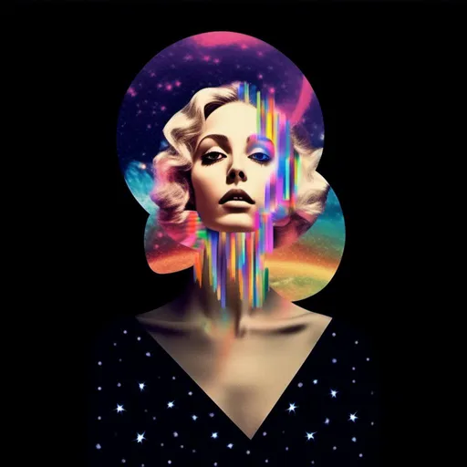 Prompt: A psychedelic collage featuring a photograph of a woman with blond curly long hair. The photo is cut and spliced with other photos and drawings of aliens, UFOs, rainbow spectrums are erupting from places, planets, stars, landscapes, and sparkles set amidst optical illusions of all kinds in geometric shapes giving an otherworldly surreal bizarre ufo alien effect to this psychedelic collage <mymodel>