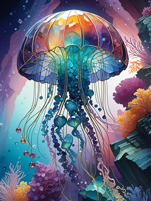 Prompt: <mymodel>Crystal gemstone jellyfish, vibrant shimmering colors, translucent and ethereal, underwater fantasy, high quality, digital art, iridescent, bioluminescent, detailed tentacles, glowing, otherworldly, hypnotic, surreal, glowing sea creatures, deep ocean, luminous, intricate details, fantasy, aquatic, magical lighting