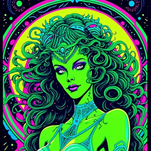 Prompt: <mymodel>Vintage 70s black light poster illustration of a green-skinned retro alien female, long curly hair, futuristic alien fashions, alien makeup, rockabilly pinup style, vibrant neon colors, psychedelic patterns, detailed hair and outfit, high-quality, retro, black light, vibrant colors, psychedelic, 70s style, pin-up, alien fashion, detailed illustration, professional, atmospheric lighting