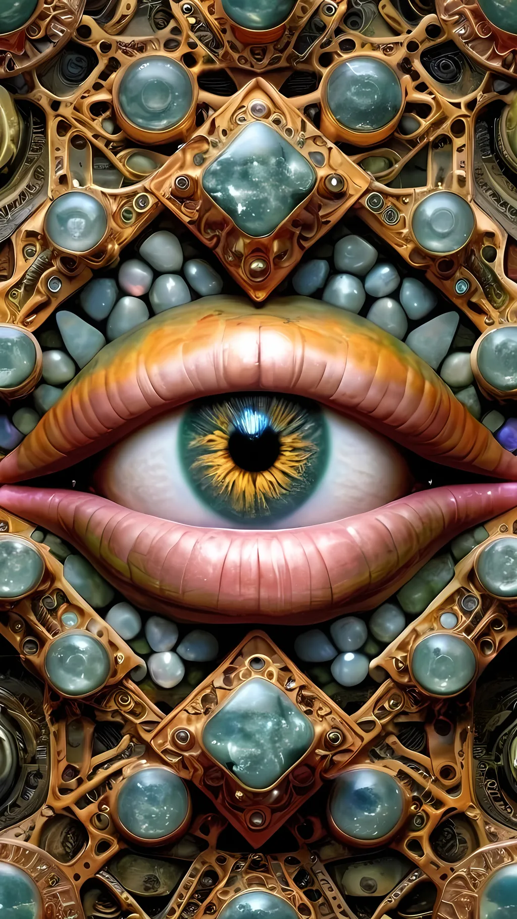 Prompt: Create an extremely hyper-realistic, ultra super textural, weird, trippy, surreal, psychedelic eyes/teeth/mouth pattern/design based on “metatron’s Cube” with lots of human eyes (crazy colorful compound psychedelic), rows of human teeth, human lips, and tongues. 

- **Colors**: determined by the properties and expressions of the elements (& their isotopes), minerals, and metals: Nickel (Ni), Aventurine, Chrysoberyl

**Shapes and forms**
- “Metatron's Cube”
-other shapes determined by the natural properties and expressions of the elements (& their isotopes), minerals, metals, and biological organisms: diatoms, Nickel (Ni), Aventurine, Chrysoberyl


- **Textures**: Derived from any/all elements (& their isotopes), minerals, metals, crystals, organic things mentioned in this prompt: “Metatron's Cube” Nickel (Ni), Aventurine, Chrysoberyl

**Composition and Layout**:
- a pattern/design based on the “Metatron's Cube”

**Lighting**lots and lots of bright shining reflective light
- Trichroism


**Detail and Atmosphere**:
- Extreme hyperrealistic sharp high detail high definition organic and mineral textures
- Psychedelic, weird, odd, surreal atmosphere
- Frozen in time

**Additional Elements**:
- extra rows of teeth, lips, many eyes, diatoms, “Metatron's Cube” , Aventurescence, Chatoyancy
