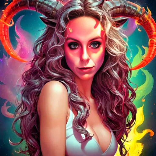 Prompt: Fiery neon kawaii poster illustration of a goat woman on fire, vibrant neon colors, long curly hair, glowing goat horns, cute goat eyes, hooves, woman-goat hybrid, poster art style, intense flames, high quality, detailed illustration, kawaii, vibrant colors, neon, fiery, goat woman, curly hair, glowing horns, poster art, intense flames, latex, vibrant lighting