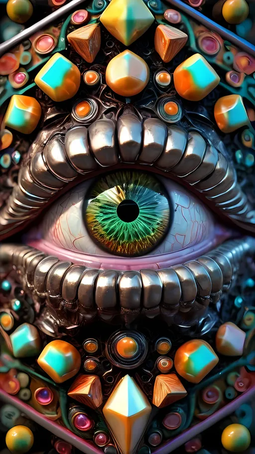 Prompt: Create an extremely hyper-realistic, ultra super textural, weird, trippy, surreal, psychedelic eyes/teeth/mouth pattern/design based on “metatron’s Cube” with lots of human eyes (crazy colorful compound psychedelic), rows of human teeth, human lips, and tongues. 

- **Colors**: determined by the properties and expressions of the elements (& their isotopes), minerals, and metals: Nickel (Ni), Aventurine, Chrysoberyl

**Shapes and forms**
- “Metatron's Cube”
-other shapes determined by the natural properties and expressions of the elements (& their isotopes), minerals, metals, and biological organisms: diatoms, Nickel (Ni), Aventurine, Chrysoberyl


- **Textures**: Derived from any/all elements (& their isotopes), minerals, metals, crystals, organic things mentioned in this prompt: “Metatron's Cube” Nickel (Ni), Aventurine, Chrysoberyl

**Composition and Layout**:
- a pattern/design based on the “Metatron's Cube”

**Lighting**lots and lots of bright shining reflective light
- Trichroism


**Detail and Atmosphere**:
- Extreme hyperrealistic sharp high detail high definition organic and mineral textures
- Psychedelic, weird, odd, surreal atmosphere
- Frozen in time

**Additional Elements**:
- extra rows of teeth, lips, many eyes, diatoms, “Metatron's Cube” , Aventurescence, Chatoyancy
