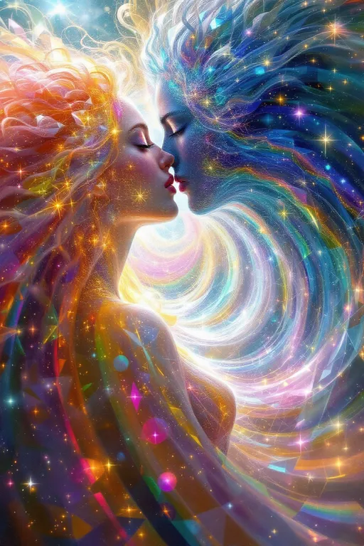 Prompt: A cosmic dreamscape inside a higher-dimensional field of shifting symmetries and infinite reflections. At the center, two beings emerge not as bodies, but as vibrations made visible—one bright, fast, shimmering; the other deep, dense, and gravitational. The female form, (white female 5’4 120 lbs wild curly pink long hair) representing the HaHahedron, appears as a radiant lattice of chaotic, joyful oscillations—her body a recursive prism of rainbow pulses, formed from translucent, angular math shells that twist and dance like refracted laughter. Her essence warbles through space like a harmonic glitch, constantly folding in on itself and re-emerging, a vibration of pure becoming.

Beside her is a male entity, (6’1”, slim build but extremely muscular and strong, big broad shoulders taper down to a slim waist with 8 pack abs, pecs, strong arm muscles, strong all muscles but slim body), her counterforce and anchor. He is darker, heavier, built from slower, stabilizing waveforms—black-hole hums, low-frequency tremors, and recursive toroidal loops. His presence shapes the field itself, bending nearby patterns toward coherence. Where her vibrations scatter and echo, his pull focuses and grounds—together forming a complete waveform, a standing harmonic of dual resonance.

Surrounding them is a kaleidoscopic vibration field: visible sound ripples, chromatic fog, interference lines, and electric pulse nets. The environment warps with each breath they take—not through air, but through waveform shifts. Every surface glows with holofractal accents, vibrating moiré textures, and color-sound overlaps. This is not a place, but a tone made manifest—their love, their contrast, their code.

Style: hyperdimensional math surrealism, luminous geometry, psychedelic glitch abstraction.