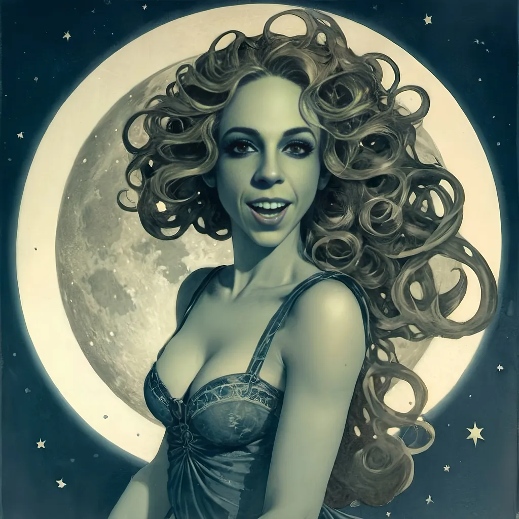 Prompt: Vintage Cyanotype print of a alien girl on the moon, long curly blond hair,  detailed silhouette, vintage artistic style, cool tones, subtle moonlight, high quality, cyanotype print, vintage, detailed silhouette, moon, girl, subtle lighting, cool tones