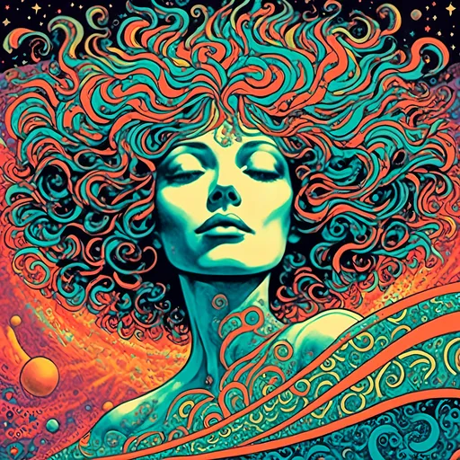 Prompt: <mymodel>Gaia, Mother Earth personified as a deity in outer space, psychedelic poster art illustration, cosmic colors, swirling galaxies, ethereal and glowing, intricate details, vibrant and surreal, high quality, psychedelic, outer space, cosmic, deity, Mother Earth, vibrant colors, swirling galaxies, ethereal, glowing, intricate details, surreal, poster art, illustration, cosmic colors, vibrant, detailed, highres