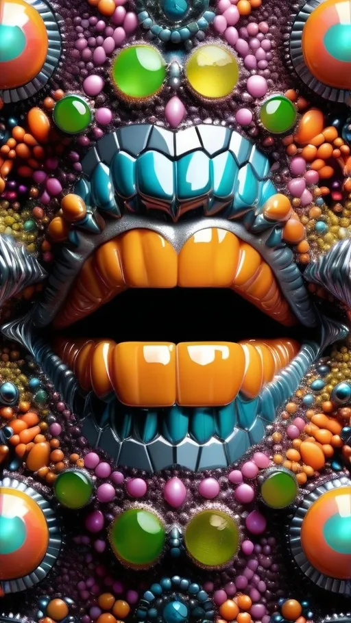 Prompt: Create an extremely hyper-realistic, ultra super textural, weird, trippy, surreal, psychedelic pattern/design based on crystal tiling, with lots of human eyes (crazy colorful compound psychedelic), rows of human teeth, human lips, and tongues. Include mineral crystal accents.

- **Colors**: Inspired by the elements, minerals, and metals: neon, peridot, citrine, tourmaline, pyrite, silver.

- **Textures**: Derived from any/all organic elements, minerals, metals, crystals, organic things mentioned in this prompt.

**Composition and Layout**:
- Spherical layout/composition
- crystal tiling
- hyperbolic forms and structures
-zoomed out creating a surreal pattern/design using arabesque tiling

**Lighting**:
- Lots of bright light

**Detail and Atmosphere**:
- Extreme hyperrealistic sharp high detail high definition organic and mineral textures
- Psychedelic, weird, odd, surreal atmosphere
- Frozen in time

**Additional Elements**:
- Diatoms, extra rows of teeth, lips, many eyes,fungus

Capture this scene using Canon EF 70-200mm t/2.8L IS III USM film