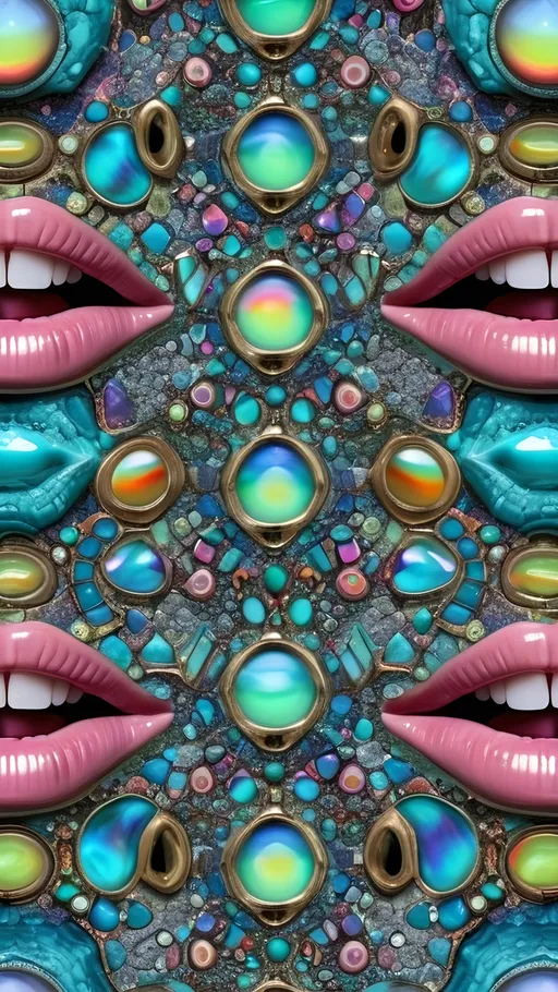 Prompt: an extremely hyper realistic ultra super textural weird trippy surreal psychedelic entity, penrose tiling, ,,, translucent, pearlescent finish, inlaid opal, glittering crystal accents, silver, pyrite, quartz,, chrome, bright vivid teals, blues, pinks/yellows/greens, lots and lots of light, lots of crazy colorful compound psychedelic human eyes, rows of human teeth, human lips, tongues, fungus,  atoms, diatoms, Penrose tiling, extreme high definition organic and mineral textures