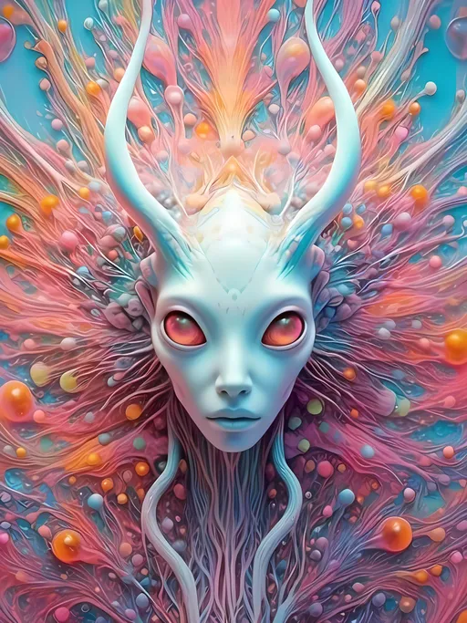 Prompt: <mymodel> an extremely hyper realistic super textural psychedelic entity/creature, trippy, weird, surreal, fractals, multidimensional geometric shapes, eyes, human teeth, lots of light, bright pastel colors, luminous, glowing, extremely textural, white, translucent, , silver, pastel rainbow oil slick sheen effect, moth antennae, melty drippy, extreme organic and metallic textures