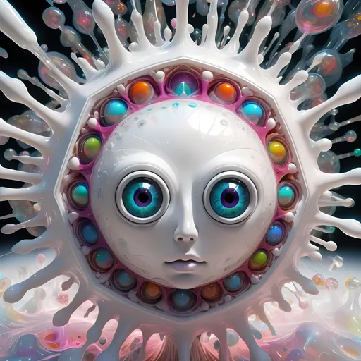 Prompt: a translucent white many sided multidimensional extra dimensional geometric shape churning through many extra dimensions etherically, covered in eyes, biological and mechanical simultaneously with random pops of brilliant vibid psychedelic color 