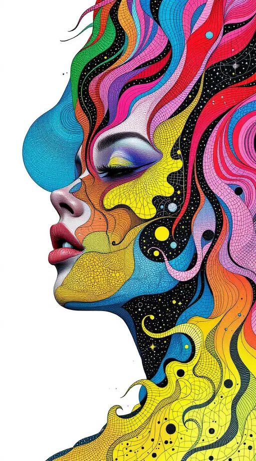 Prompt: She is illustrated in the meticulous surrealism of La Planète Sauvage, her form composed like a theorem dreamt in graphite and fever. Her face is an ancient calculus, not of curves and primes, but of lattice-bound paradoxes and sacred tiling errors. Her skin, veiled in vibrant saturation—neon heliotrope, indigo ash, molten chartreuse—is divided by quasiperiodic fault lines: Ammann bars crossing like fate-lines, seaming her cheeks in dissonant symmetry. Her brow houses a lattice of irrational tilings—Penrose darts and kites in candy-warp hues flickering between pink noise and shadow ink, held in tension by the logic of forbidden repetition. Her eyes are hyperbolic funnels, geometry warped through the lens of Bolyai space—irises receding infinitely in hand-sketched topological whorls, colored with the electric palette of mineral hallucination. Hair arcs upward, rendered in quasiperiodic curls that obey no symmetry but their own—the Galois group of her style unknown, unsolvable, yet radiantly ordered. Her lips curve in the path of a geodesic on a negatively curved manifold, every contour outlined in crosshatch logic, blushing with shades that shouldn’t exist: ultraviolet rust, pastel gold, black that blooms. Around her, floating structures echo Girih tiles and Heesch impossibilities—scaffold fragments that resist closure, sketching across the background in saturated discord: lime-green crescents interlocking with amaranth rhombi, all hand-drawn, trembling with surreal precision. Her presence distorts tiling rules like gravity bends light—every visual law fracturing into dream architecture. Even the shadows beneath her jaw fold in non-Euclidean cadence, fragmenting into regions of irrational area. The palette hums in analog harmony—vivid yet intimate, chalky yet cosmic—rendering her not as human, but as a sacred flaw in the fabric of pattern itself. She is illustrated logic gone poetic: wrong angles righted through shimmer, the mathematics of forbidden beauty inked by dream.
