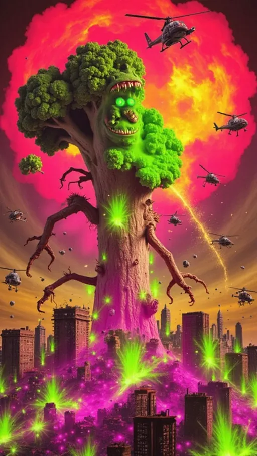 Prompt: A colossal, hyper-detailed stalk of broccoli towers over a devastated cityscape, now evolved into a terrifying kaiju beast with grotesque humanoid features. Its floret crown looms like a pulsing green mushroom cloud, but sprouting from the stalk is a monstrous face—twisted, snarling, and full of jagged bark-like teeth. Hollow, glowing green eyes blaze with radioactive rage beneath a thick leafy brow, and a long vine-like tongue lashes out between snapped floret-flesh. The broccoli’s stalk is gnarled and sinewy like muscle-wrapped wood, and protruding from its sides are two tiny pathetic  T. rex-like arms—short, thick, and clawed, ending in three jagged talon-fingers made of splintered bark and twisted root. It stomps through the city, buildings crumbling under its tree-trunk legs, its roars echoing like cracking wood and thunder. Screaming civilians scatter below as helicopters circle, powerless. Neon-green radiation leaks from fissures in its limbs. Flashing anime kanji scream its name across the sky. Style: apocalyptic anime-kaiju horror with graphic manga lines, cinematic motion blur, radioactive lighting, gritty textures, dramatic shadows, and explosive destruction. Palette: smoky grays, scorched oranges, and nuclear greens.