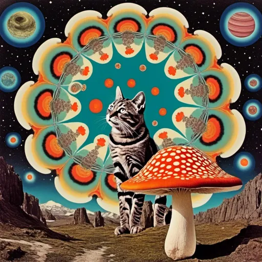 Prompt: a vintage retro psychedelic collage showcasing cut and spliced photos of mushrooms and fungus with surreal landscapes, trippy psychedelic patterns and optical illusions, UFOs, planets & outer space, cats, put together creatively in a Durrell psychedelic collage creation <mymodel>