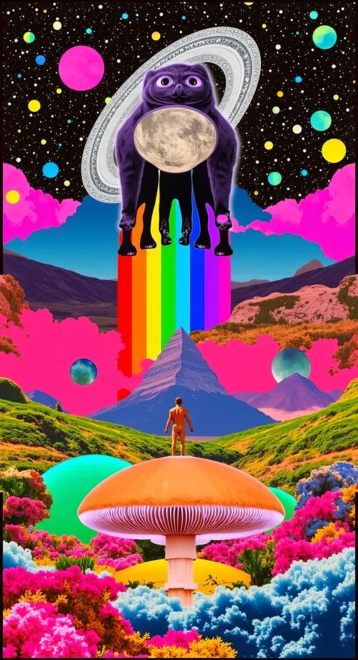 Prompt: a pop art nouveau psychedelic concert poster design featuring the word “MERRYPRANXTER” , psychedelic op art patterns/landscapes/spacescapes/ufos, aliens, outer space, psilocybin mushrooms, cats, rainbow spectrums, geometric shapes, contrasting stuff