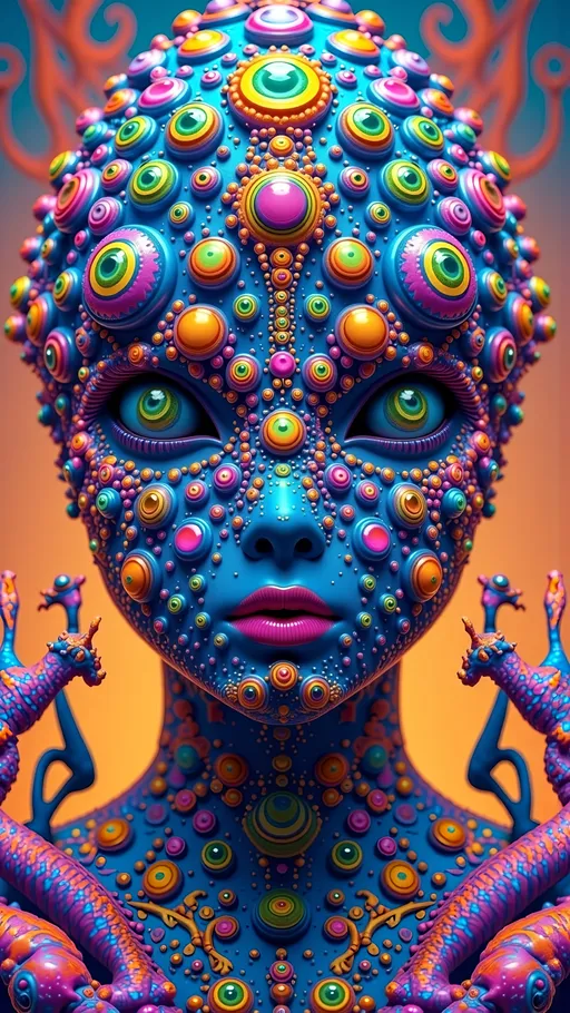 Prompt: An extremely super hyper detailed hyperrealistic weird surreal trippy psychedelic entity emerges, adorned with lots and lots of crazy psychedelic compound human eyes, meticulously arranged in a mesmerizing Fibonacci Spiral pattern. These eyes, each a kaleidoscope of colors, reflect the intricate beauty of the Mandelbrot Set, spiraling infinitely with bulbous shapes echoing the entity's fractal nature.

Rows upon rows of psychedelic teeth chatter in a rhythmic dance, each tooth a miniature, multifaceted crystal reminiscent of the vivid hues of Fluorite, transitioning through purple, blue, and green. The entity's skin is a living tapestry of textures, its surface a shifting mosaic of Quartz and Pyrite, glistening with metallic luster and the iridescent glow of Labradorite.

Microscopic details reveal a universe within, as the entity's form is interwoven with the complex geometries of Ammonia tepida and the spiral nautilus-like elegance of Spiroloculina communis. These elements form a delicate lacework, a testament to the harmony of natural and mathematical beauty.

In the background, the sky is a swirling mass of Quantum Foam, bubbles of reality frothing and merging, while the ground beneath is a tessellation of Voronoi cells, each a vibrant patchwork of Azurite's deep azure and Malachite's verdant greens. The air is alive with the shimmering presence of Quantum Strings, vibrating with the frequencies of the universe, casting ethereal shadows that dance upon the entity's form.

This psychedelic vision is steeped in the surreal, a joyous celebration of color and form, where every detail reflects the universe's infinite complexity and boundless creativity, inviting the viewer into a world where reality and imagination blend seamlessly.