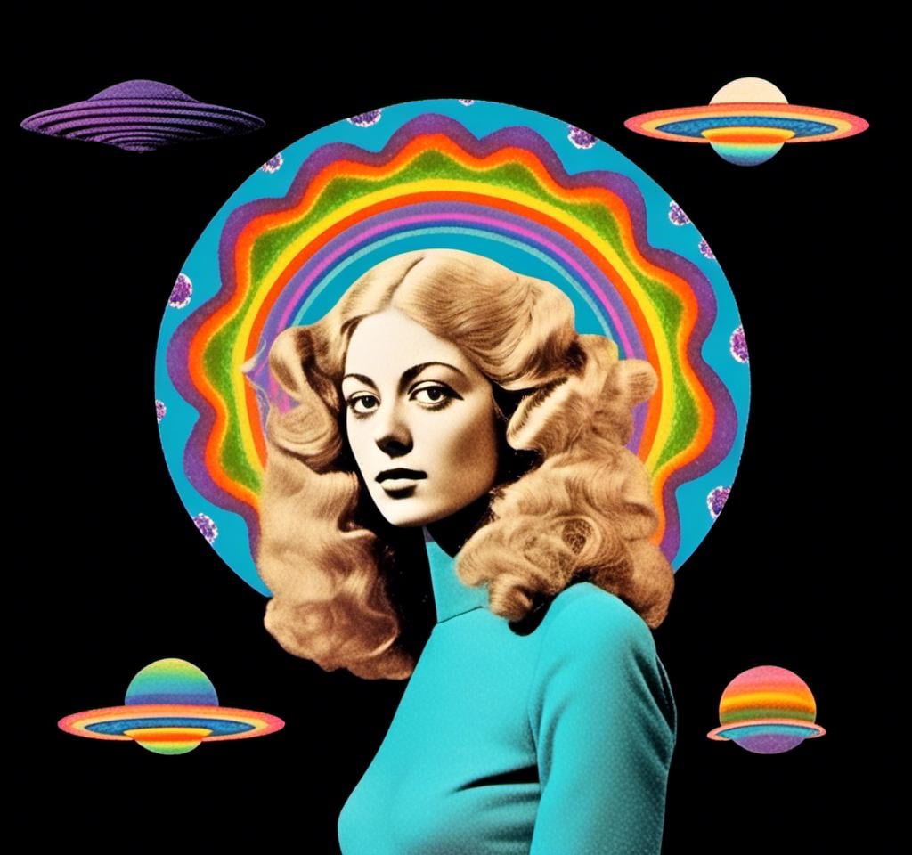 Prompt: A psychedelic collage featuring a photograph of a woman with blond curly long hair. The photo is cut and spliced with other photos and drawings of aliens, UFOs, rainbow spectrums are erupting from places, planets, stars, landscapes, and sparkles set amidst optical illusions of all kinds in geometric shapes giving an otherworldly surreal bizarre ufo alien effect to this psychedelic collage <mymodel>