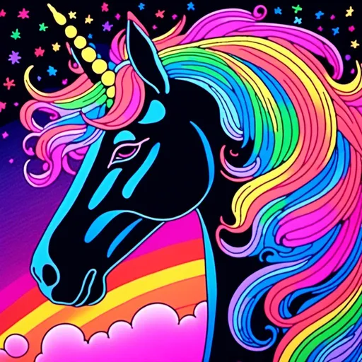 Prompt: <mymodel>Vintage 70s black light poster art illustration of a sparkly unicorn, fluffy white clouds with rainbows, psychedelic colors, retro art style, vibrant neon tones, glowing black light effect, detailed mane and tail, dreamy atmosphere, high quality, retro, psychedelic, vibrant colors, detailed illustration, soft pastel tones, glowing neon, vintage design, fantasy art