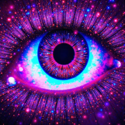 Prompt: Imagine an extreme close-up of a single, giant, unembodied eye rendered in a fusion of hyperrealism and psychedelic concert art illustration. The eye's iris shimmers with vibrant colors, while the whites are pristine and luminous. Within the massively dilated pupil lies a universe, a cosmic tapestry depicting the birth of the cosmos, swirling galaxies, and nebulae. Tiny atoms dance alongside strands of DNA, showcasing the building blocks of life. Quantum physics symbols and molecular structures float among celestial bodies. This intricate, finely detailed composition is packed with tiny, extraneous details filling every inch of the space, creating a mesmerizing, busy visual feast for the eyes."