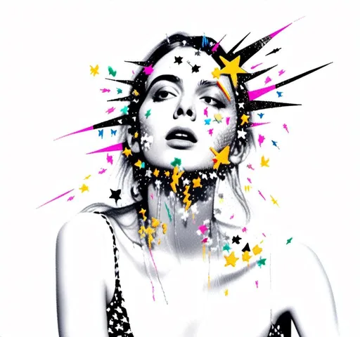 Prompt: <mymodel>Black and white halftone photograph of a girl, exploding with colorful multimedia stars, sparkles, and electric lightning bolts, created from paint, glitter, enamels, metal foils, iridescent paint, rhinestones, seed beads, dynamic and vibrant, high contrast, mixed media, dazzling explosion, detailed face and expression, high quality, highres, multimedia explosion, dynamic lighting, contrasted shadows, black and white, mixed media art