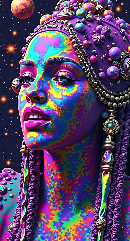 Prompt: Create a super hyperrealistic, finely detailed psychedelic Nouveau illustration of a Cosmic Jester. Feature the word MERRYPRANXTERworked organically into the background somehow.  This enchanting character is a merry prankster of the cosmos, an astral jokester dancing through time and space. She exudes a jester vibe, wearing feminine holographic jester attire & makeup with a feminine, harlequin twist. Not human, but humanoid, she is crafted from vibrant colored light, embodying an extra-dimensional extraterrestrial essence. Her presence is a beacon of joy, as she laughs and twirls through the cosmic astral realms, elevating vibes wherever she roams. 

Her beauty is otherworldly, with long, curly hair that shimmers like a cascade of colored light, appearing blonde yet transcending earthly hues. Her eyes sparkle with mischievous wisdom, and her attire is a dazzling array of intricate patterns and swirling colors, reminiscent of both jester garb and celestial phenomena.

Incorporate the text "the merrypranxter" above her in smaller, elegant lettering, seamlessly blending into the cosmic background. This text should capture the essence of her playful spirit, as if it were a whisper from the universe itself. The illustration should radiate her vibrant energy, portraying her as a timeless wanderer spreading joy and wonder throughout the cosmos.