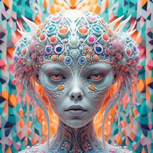 Prompt: <mymodel> Extremely hyperrealistic psychedelic geometric creature, trippy, surreal, odd, weird, unsettling, multidimensional geometry, nonhumanoid  geometric shape, translucent, silver, white, bright pastel colors, fractals, ultra textural, creature, monster, entity, face/body/mouth, eyes