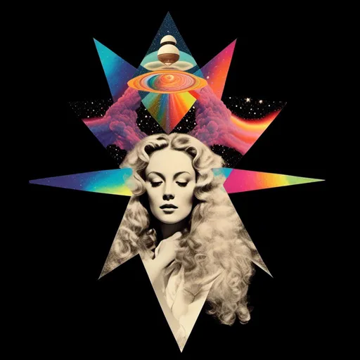 Prompt: A psychedelic collage featuring a photograph of a woman with blond curly long hair. The photo is cut and spliced with other photos and drawings of aliens, UFOs, rainbow spectrums are erupting from places, planets, stars, landscapes, and sparkles set amidst optical illusions of all kinds in geometric shapes giving an otherworldly surreal bizarre ufo alien effect to this psychedelic collage <mymodel>