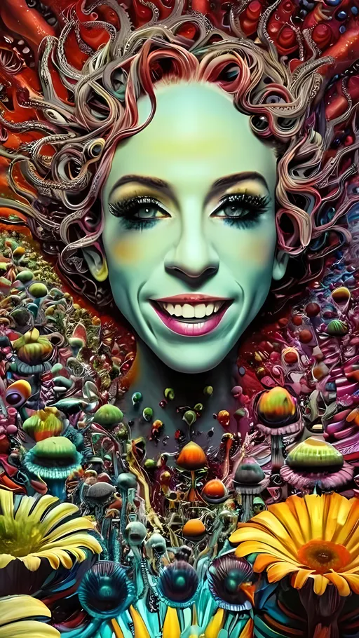 Prompt: Extreme psychedelic hyperrealism- Super high definition ultra textural a floral psychedelic hallucination surrealism, psychedelic alien flower, detailed, highres, intense colors, eerie lighting, bizarre features, unsettling atmosphere, otherworldly, distorted proportions, mind-bending, dreamlike, abstract,, organic textures