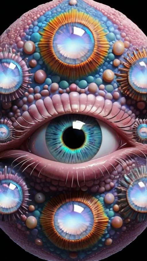 Prompt: Create an extremely hyper-realistic, ultra super textural, weird, trippy, surreal, psychedelic eyes/teeth/mouth pattern/design based on Mandelbrot & “Op Art tiling” with lots of human eyes (crazy colorful compound psychedelic), rows of human teeth, human lips, and tongues. 

- **Colors**: determined by the properties and expressions of the elements (& their isotopes), minerals, and metals: opal, moonstone, Kunzite, selenite, rose quartz, Platinum (Pt)

**Shapes and forms**
- Mandelbrot 
- "Op Art tiling" 
-other shapes determined by the natural properties and expressions of the elements (& their isotopes), minerals, metals, and biological organisms: opal, moonstone, Kunzite, selenite, rose quartz,  Platinum (Pt)


- **Textures**: Derived from any/all elements (& their isotopes), minerals, metals, crystals, organic things mentioned in this prompt: opal, moonstone, Kunzite, selenite, rose quartz, Platinum (Pt)

**Composition and Layout**:
- a pattern/design based on the Op Art tiling & Mandelbrot 

**Lighting**:
- lots of bright light
- Iridescence
- Aventurescence
- Chatoyancy
- Asterism

**Detail and Atmosphere**:
- Extreme hyperrealistic sharp high detail high definition organic and mineral textures
- Psychedelic, weird, odd, surreal atmosphere
- Frozen in time

**Additional Elements**:
- extra rows of teeth, lips, many eyes, Op Art tiling, Mandelbrot, Iridescence
