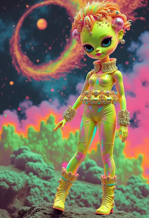 Prompt: A dazzling, doll-like pink alien girl stands poised on the chrome-crystal surface of a tiny asteroid, surrounded by the infinite cosmos. Her bubblegum-pink skin glistens with sparkling holographic fractal spots and neon iridescent scales—rainbow colors shifting across her curves, cheeks, and limbs. Her oversized, glossy opal eyes have triple pupils and galaxy-flecked irises, framed by extra-long pastel lashes. Glossy heart-shaped lips and cosmic-shimmered cheeks give her a playful, doll-cute look. Her elongated fin-like ears softly glow, and her hair swirls in pastel hologram curls and chrome ringlets, adorned with floating crystal beads and disco-ball barrettes.

Her look is pure retrofuturist disco-mod: she wears a skin-tight, ultra-short holographic A-line mod dress, high collar, bold geometric cutouts, sparkling with rhinestones and iridescent trim. Her legs are long and shiny, with pastel hologram go-go boots that gleam in rainbow hues. Chunky iridescent bangles, oversized mirrored earrings, and orbiting geometric charms complete her ensemble. She stands among pastel asteroid rocks and prismatic mineral shards, with a giant glitched black hole in the sky behind her—casting rainbow light glitches and chromatic distortions through space. The whole scene pulses with cosmic disco energy, swirling color, and sparkling 1970s alien doll glam.