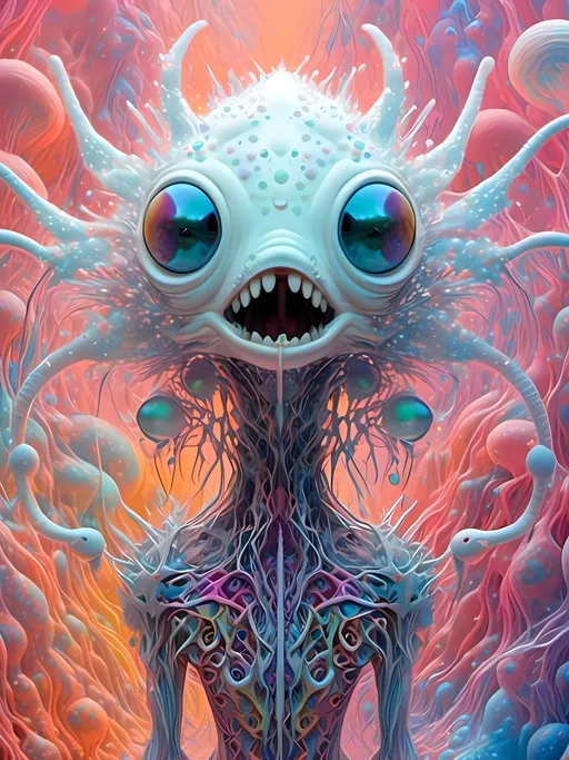 Prompt: <mymodel> an extremely hyper realistic super textural psychedelic entity/creature, trippy, weird, surreal, fractals, multidimensional geometric shapes, eyes, human teeth, lots of light, bright pastel colors, luminous, glowing, extremely textural, white, translucent, , silver, pastel rainbow oil slick sheen effect, moth antennae, melty drippy, extreme organic and metallic textures