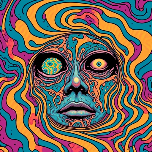 Prompt: <mymodel>Psychedelic poster art illustration of a melting face, trippy, psychedelic third eye, face melting, vibrant colors, surrealistic, high quality, detailed, psychedelic art style, intense colors, melting effect, detailed facial features, surreal, vibrant lighting