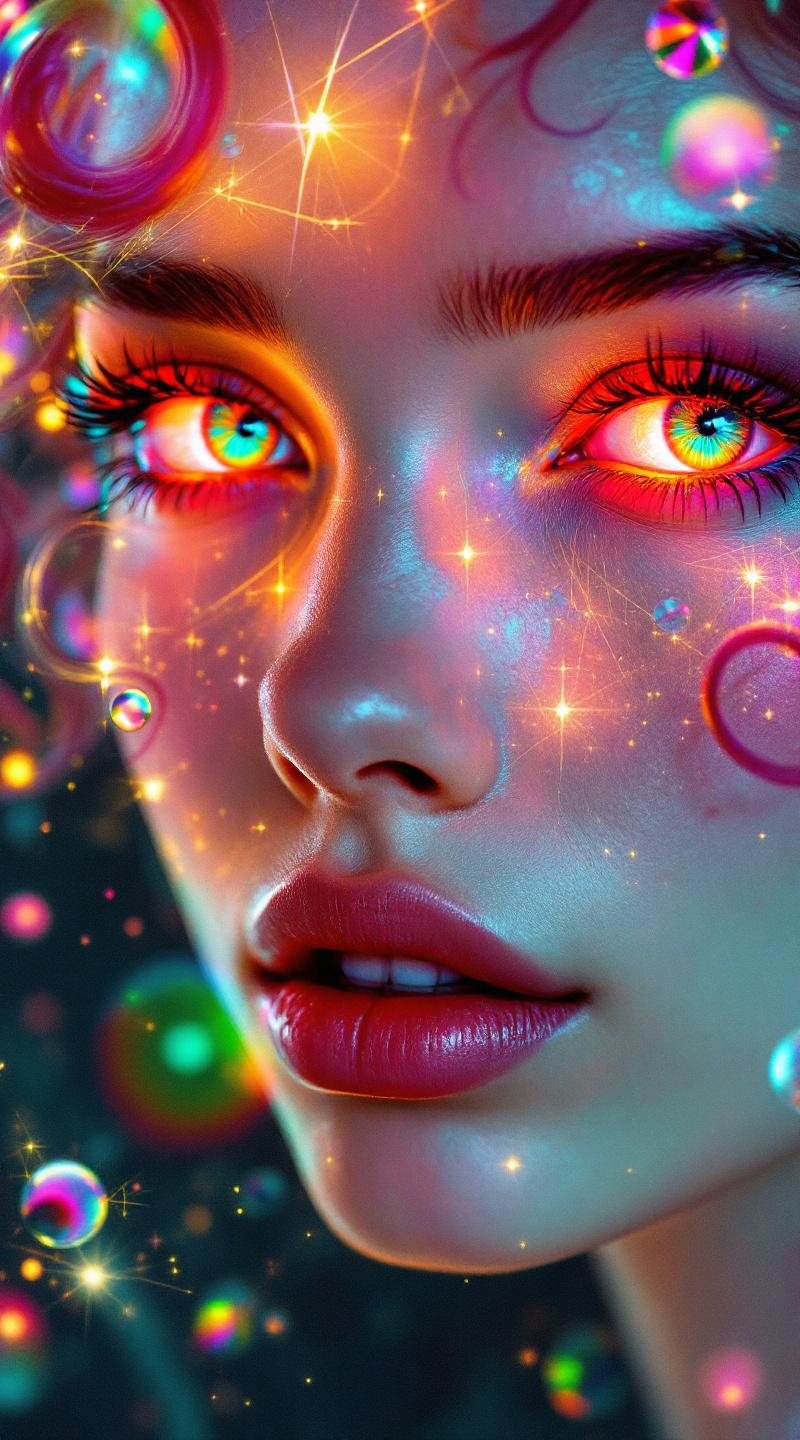 Prompt: Her face is a modular masterpiece—cheekbones traced with the shimmer of moonshine symmetry, every angle tuned to a hidden harmonic. Newton fractal veins glow faintly beneath translucent skin, shifting in color with each emotion. Her eyes burn with prime number fire, irises tiled in Penrose symmetry, blinking with curved light logic. Laughter echoes in Hilbert paths across her cheeks—space-filling joy spirals, soft and bright. Hair spills around her in radiant pink curls, styled by quasiperiodic forces and recursive wave equations—each strand flowing in luminous fractal tension. Geometry pulses at the hairline, recursive symbols glinting in neon mathdust. She is wrapped in hyperbolic aura-rings, layered in color-feedback like living topology, her presence refracting sacred math through joy, emotion, and colorfields.”

⸻

Visual Keywords:
Modular face symmetry, Newton glow skin, Penrose-tiled irises, Hilbert smile trails, pink recursive curls, fractal symbol halo, hyperbolic color aura, neon mathdust, prime fire eyes