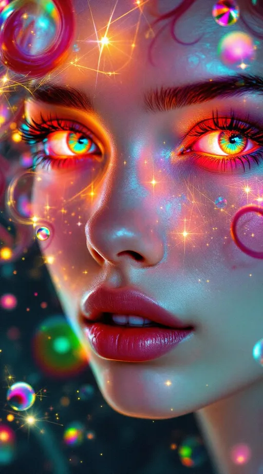 Prompt: Her face is a modular masterpiece—cheekbones traced with the shimmer of moonshine symmetry, every angle tuned to a hidden harmonic. Newton fractal veins glow faintly beneath translucent skin, shifting in color with each emotion. Her eyes burn with prime number fire, irises tiled in Penrose symmetry, blinking with curved light logic. Laughter echoes in Hilbert paths across her cheeks—space-filling joy spirals, soft and bright. Hair spills around her in radiant pink curls, styled by quasiperiodic forces and recursive wave equations—each strand flowing in luminous fractal tension. Geometry pulses at the hairline, recursive symbols glinting in neon mathdust. She is wrapped in hyperbolic aura-rings, layered in color-feedback like living topology, her presence refracting sacred math through joy, emotion, and colorfields.”

⸻

Visual Keywords:
Modular face symmetry, Newton glow skin, Penrose-tiled irises, Hilbert smile trails, pink recursive curls, fractal symbol halo, hyperbolic color aura, neon mathdust, prime fire eyes