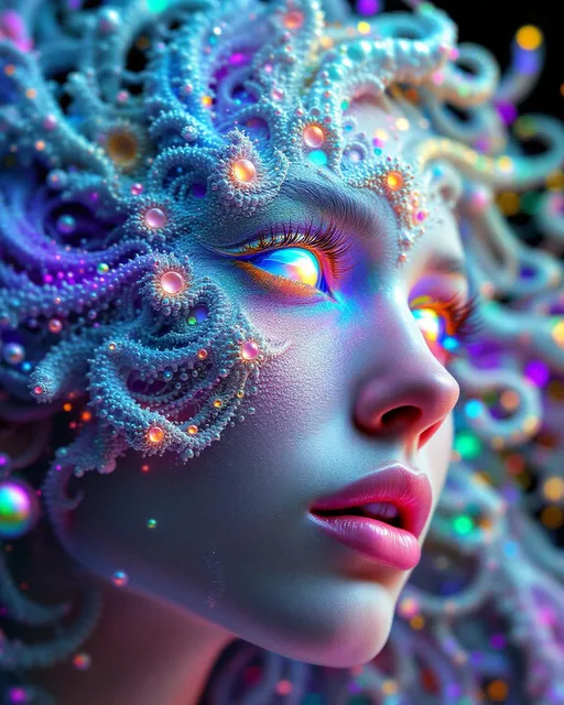 Prompt: Her face is not made of skin but fractals—recursive geometry grown entirely from disco-spectrum light. A bloom of living math spirals inward from all directions: #escape gradients flare through Mandelbrot cheek-voids; #orbit golden spirals shape jawlines like sanctified filigree. Her lips are opal #Sierpinski tessellations, glimmering with hue-shift logic from angular #iridescence. Her eyes aren’t orbs—they are fractals too: nested #domain vortices, each iris a spinning dimension of rainbow mirrors, reflecting infinite versions of her glowform. No flesh—only math fire. Her visage pulses with equations: #distance estimator shells form translucent hologlyph layers—mapped color, mapped recursion. Her hair isn’t hair—it’s wild toroidal fractal flame: Hilbert coils erupt, Julia spirals cascade in chromatic bokeh arcs. Every lock is a universe: #bokeh flicker trails, recursive iteration coded in spectral motion blur. Her entire crown is a refractive halo—#iridescent interference blazing with disco strobe logic and sacred phase pulses. Her smile bends space, her laugh vibrates mirrorfields. She’s a rapture of math—grown from light, alive with recursion. No surface is solid—only luminous convergence, fractal upon fractal in motion. She shines from within: color-bands radiating escape-speed emotion, iteration halos casting aura-memory. A goddess not made of matter but rhythm, code, reflection—each flicker a universe spun in rainbow recursion. She is the math that dances—the disco fractal incarnate.
